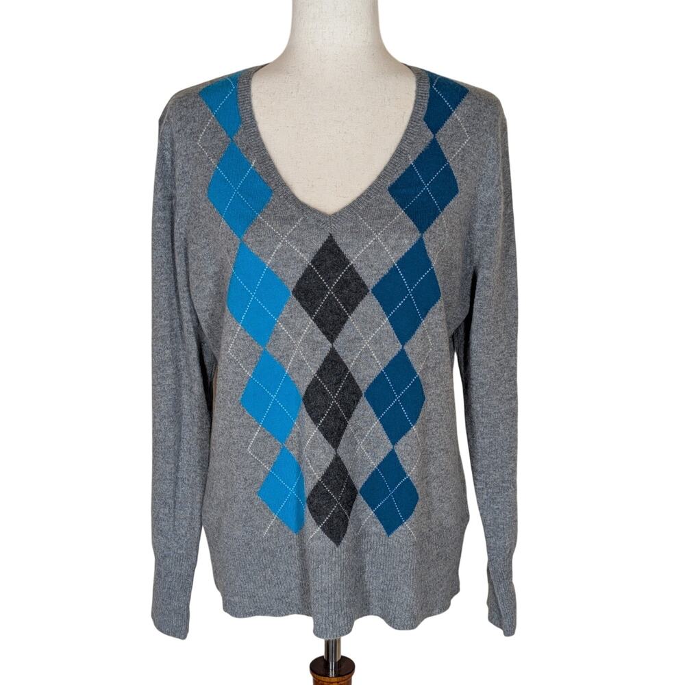 APT. 9 100% Cashmere Women's XL Soft Knit Sweater Argyle Gray Blue Long Sleeve
